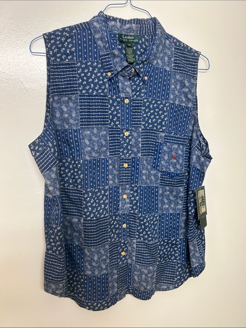 Lauren Ralph Lauren Blue Patchwork Paisley Sleeveless Button-Down Shirt